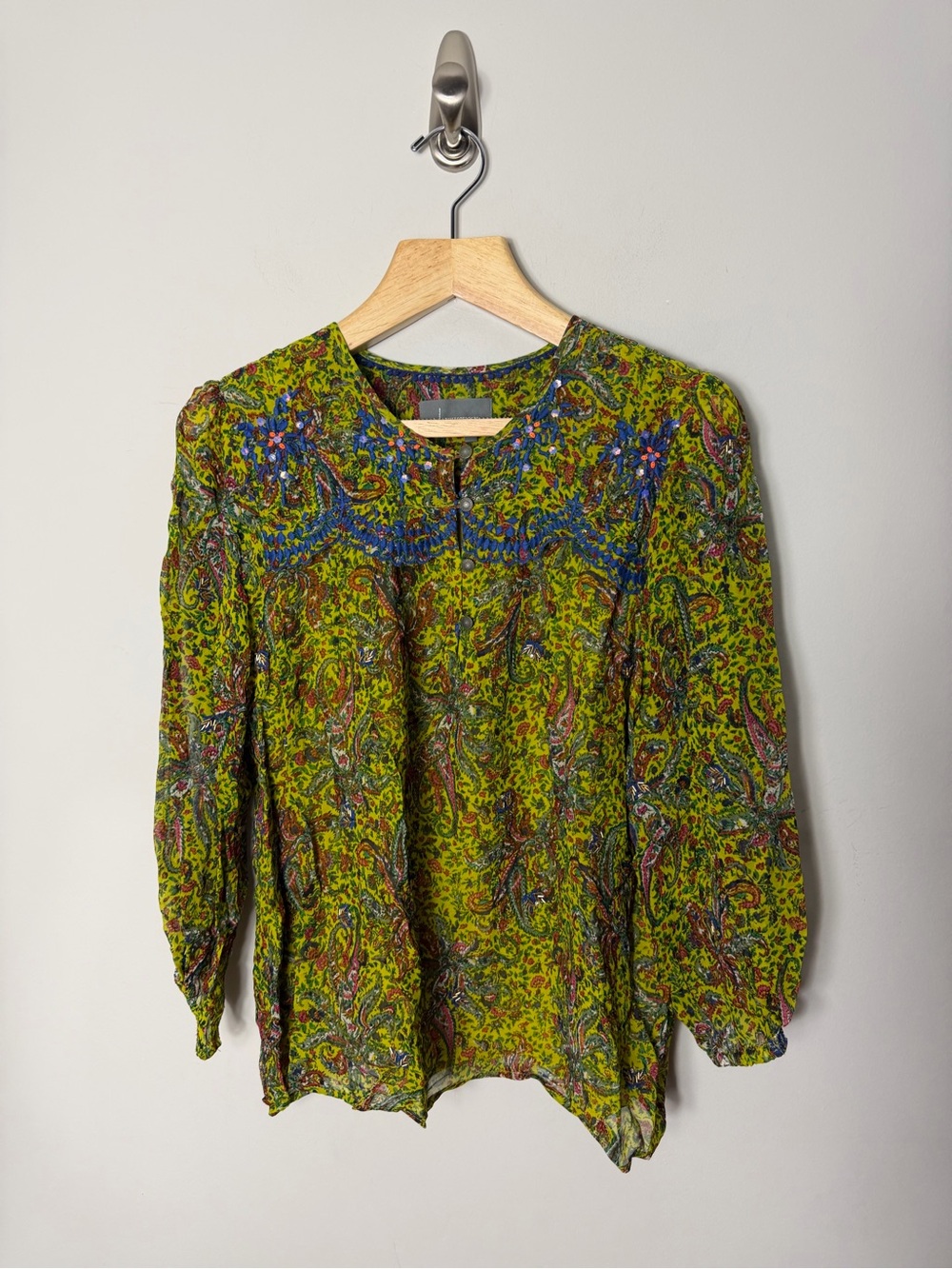 Anthropologie Beaded Priya Blouse Printed Green Size Large *388 - Picture 5 of 14